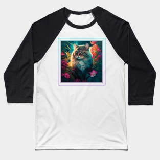 Gorgeous Maine Coon Cat Vibrant Tropical Flower Neon Digital Oil Painting Pet Portrait Baseball T-Shirt